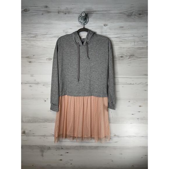 Bebop Dress Womens Large Gray Pink Hoodie Tulle Hem Tunic Long Sleeve Casual - Picture 1 of 11